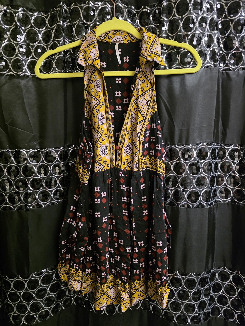 Free People Black and Yellow Patterned Halter Top With Pockets